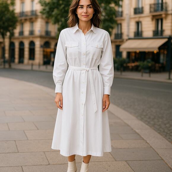Ms. Chaus White Cotton Blend Shirt Dress Utility Style Midi with Belt Size 14 - Picture 1 of 11